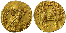 Constantine IV Pogonatus, 668-685. Solidus (gold, 4.27 g, 19 mm), Constantinople. δ N SANЧS P Diademed, helmeted and cuirassed bust of Constantine IV ...