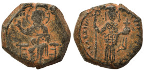Alexius I Comnenus, 1081-1118. Tetarteron (bronze, 3.92 g, 16 mm), Constantinople. Christ enthroned facing, wearing nimbus crown, pallium and colobium...