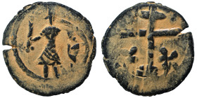 CRUSADERS. Edessa. Baldwin II, second reign, 1108-1118. Follis (bronze, 7.05 g, 24 mm). Baldwin II, wearing armor and conical helmet, standing facing,...