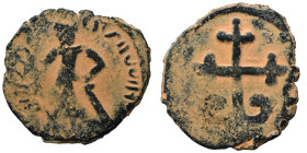 CRUSADERS. Edessa. Baldwin II, second reign, 1108-1118. Follis (bronze, 2.84 g, 22 mm). Baldwin II, wearing armor and conical helmet, standing facing,...