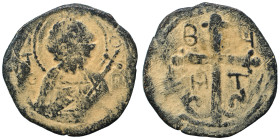 CRUSADERS. Principality of Antioch. Bohémond I, 1098-1111. Follis (bronze, 2.69 g, 22 mm). Nimbate bust of St. Peter facing, wearing tunic, raising hi...