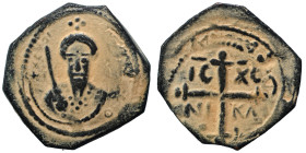 CRUSADERS. Principality of Antioch. Tancred, regent, 1101-1112. Follis (bronze, 5.25 g, 23 mm). Armored, bearded bust of Tancred facing, holding uprai...