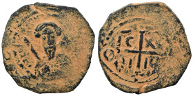 CRUSADERS. Principality of Antioch. Tancred, regent, 1101-1112. Follis (bronze, 5.37 g, 25 mm). Armored, bearded bust of Tancred facing, holding uprai...