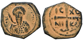 CRUSADERS. Principality of Antioch. Tancred, regent, 1101-1112. Follis (bronze, 3.36 g, 21 mm). Armored, bearded bust of Tancred facing, holding uprai...