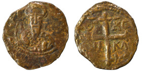 CRUSADERS. Principality of Antioch. Tancred, regent, 1101-1112. Follis (bronze, 1.75 g, 20 mm). Armored, bearded bust of Tancred facing, holding uprai...