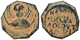 CRUSADERS. Principality of Antioch. Tancred, regent, 1101-1112. Follis (bronze, 4.75 g, 21 mm). Nimbate bust of St. Peter facing, raising his right ha...