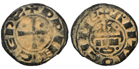 CRUSADERS. Principality of Antioch. Raymond of Poitiers, 1136-1149. Fractional Denier (bronze, 0.75 g, 16 mm). +PRINCEPS Cross pattée with pellet in e...