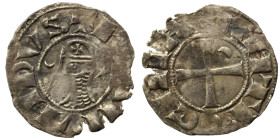 CRUSADERS. Principality of Antioch. Bohémond III, 1163-1201. Denier (silver, 0.66 g, 16 mm). +BOAMVNDVS Helmeted head of a knight to left flanked by c...