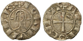 CRUSADERS. Principality of Antioch. Bohémond III, 1163-1201. Denier (silver, 0.73 g, 17 mm). +BOAMVNDVS Helmeted head of a knight to left flanked by c...