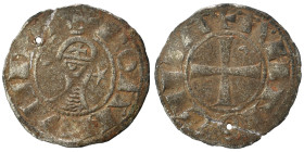 CRUSADERS. Principality of Antioch. Bohémond III, 1163-1201. Denier (silver, 0.70 g, 18 mm). +BOAMVNDVS Helmeted head of a knight to left flanked by c...