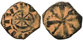 CRUSADERS. County of Tripoli. Raymond II or III. 1137-1187. Pougeoise (bronze, 1.41 g, 16 mm). CIVITAS TRIPOLIS Eight-rayed cross in crescent. Rev. Cr...