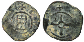 CRUSADERS. County of Tripoli. Bohémond V, 1233-1251. Pougeoise (bronze, 0.68 g, 16 mm). +CIVITAS Cross pommetée with central pellet-in-annulet; pellet...