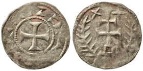 CRUSADERS. Latin Kingdom of Jerusalem. Jerusalem Pilgrim Coinage, 12th century. Denier (silver, 1.04 g, 17 mm). Patriarchal cross on pedestal flanked ...