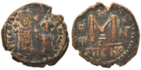 Persian Occupation of Syria, 610-630. Follis (bronze, 11.47 g, 28 mm), uncertain mint. Crowned and draped figures of Heraclius, on left, and Heraclius...