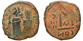 Persian Occupation of Syria, 610-630. Phocas, with Leontia type. Follis (bronze, 8.51 g, 26 mm), uncertain mint in Syria. Phocas standing facing, hold...