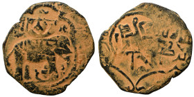Seljuks of Syria, Anonymous, circa 1100s. Fals (bronze, 2.84 g, 21 mm). Caparisoned elephant standing to right surrounded by floral ornaments; above, ...