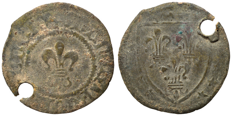 Europe Medieval. Ae (bronze, 1.01 g, 20 mm). Large S. Rev. Crown above Fleur-de-...