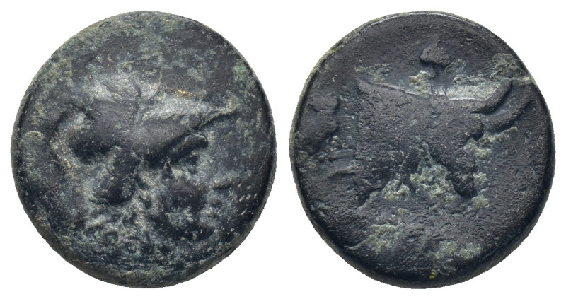 Mysia, Pergamon Æ (16mm,4.59 g). 3rd century BC. Helmeted head of Athena to righ...