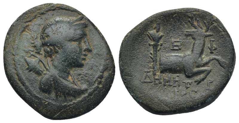 Ionia, Ephesos, AE, Circa 50-27 BC. 9.05 Gr. 26mm.
Draped bust of Artemis right,...