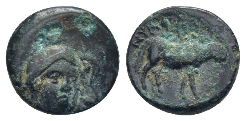 IONIA. Klazomenai. Ae (12mm, 1.55 g) (Circa 386-301 BC). Obv: Helmeted head of A...