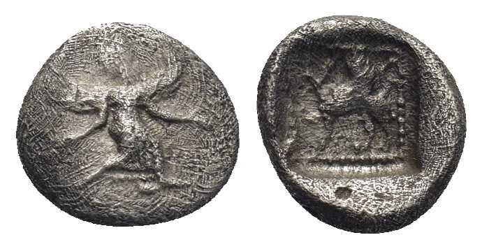 Caria, Kaunos, AR Obol, (8mm, 0.63 g). Circa 490-470 BC. Obv: Iris, wearing long...