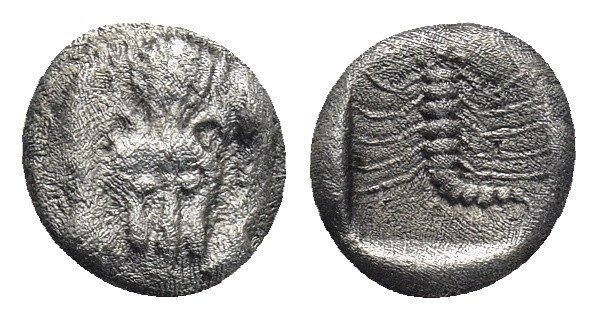 CARIA, Mylasa. Circa 450-400 BC. AR Hemiobol 0.54 Gr. 7mm.
Facing forepart of li...