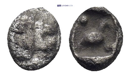 CARIA. Mylasa. (Circa 420-390 BC). AR Tetartemorion. 0.21 Gr. 6mm.
 Head of roar...