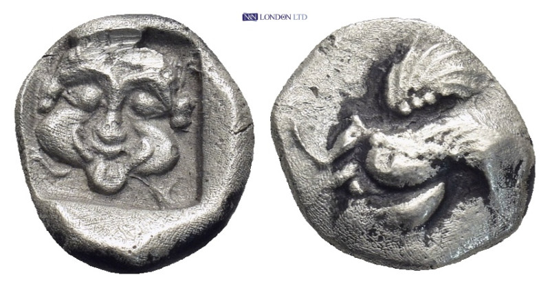 CARIA, Uncertain. Circa 500-450 BC. AR Fraction 1.39 Gr. 11mm
 Gorgoneion within...