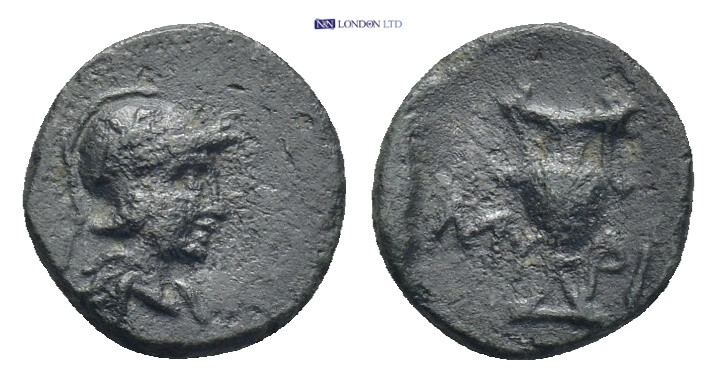 AEOLIS, Myrina. 4th-3rd centuries BC. AE. 0.6 Gr. 9mm.
 Helmeted head of Athena ...