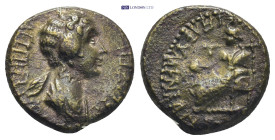 Phrygia. Eumeneia. Agrippina Junior, Augusta AD 50-59. Bronze Æ 3.12 Gr. 16mm.. Draped bust right / Cybele seated left, elbow resting on drum; lion at...