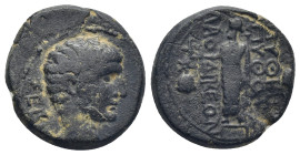 Phrygia. Laodikeia. Augustus 27 BC-14 AD. AE. 5 Gr. 17mm.
Bare head right 
Rev. Zeus Laodikeios standing left between piloi of the Dioskouroi, holding...