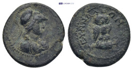 Phrygia. Synnada. Pseudo-autonomous issue AD 41-54. 2.9 Gr. 16mm.
Helmeted and draped bust of Athena right 
Rev. Owl, with head facing, standing right...