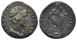LYDIA, Sala. Pseudo-autonomous issue. 2nd century AD. Æ (20mm, 6.6 g). Draped bust of the youthful Senate right / Dionysos standing right, holding gra...