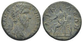 LYDIA, Tabala. Lucius Verus. AD 161-169. Æ (22mm, 7.74 g). Laureate head right / Cybele seated left, holding patera, resting elbow on tympanum; lion a...