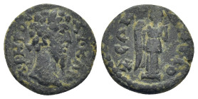 Caria. Antiochia ad Maeandrum AE (15mm, 2.6 g) Lucius Verus (161-169). Obv: ΑV ΚΑΙ Λ ΒΗΡΟС, Laureate head right. Rev: ΑΝΤΙΟΧЄΩΝ, Nemesis standing righ...