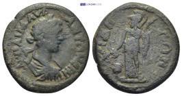 PAMPHYLIA. Side. Elagabalus (218-222). Ae. (25mm, 9.94 g) Obv: AV KAI M AVP ANTΩNЄIN. Laureate, draped and cuirassed bust right. ϹΙΔΗΤΩΝ; Athena stand...