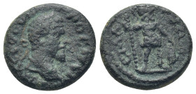 Pamphylia, Sillyum. Septimius Severus. A.D. 193-211. Æ. 5 Gr. 18mm. Laureate head of Septimius Severus right / Ares standing facing, head right, holdi...