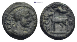 Pamphylia. Perge. Hadrian AD 117-138. Bronze Æ (1.6 Gr. 12mm). ΑΔPΙΑΝ ΚΑΙC, laureate head right / ΠΕPΓΑ, stag standing left, crescent above....