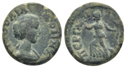 Pamphylia. Perge. Julia Domna. Augusta AD 193-217. Bronze Æ (19mm, 4.73 g) Draped bust right. Artemis, with quiver and bow in raised hands, running l....