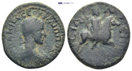 Pamphylia. Sillyum Philip II, as Caesar, AD 258-260. AE. 9.1 Gr. 24mm.
Bare-headed, draped and cuirassed bust to right 
Rev. Mên on horseback riding t...