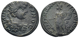 PHRYGIA Peltae. Caracalla (198-217). AE. 5.6 Gr. 21 mm.
Radiate, draped and cuirassed bust right. 
Rev. Tyche standing left, holding rudder and cornuc...