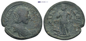 PISIDIA, Isinda. Julia Soaemias. Augusta, AD 218-222. 8.43 Gr. 27mm.
 draped bust of Julia Soaemias. 
Rev. Tyche standing facing, head l., wearing kal...