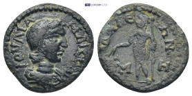 Pisidia. Adada Julia Maesa 218-224). AE. 4.4 Gr. 19mm. ΙΟΥΛΙΑ ΜΑΙϹΑ ϹΕ; draped bust of Julia Maesa, right./ ΑΔΑΔΕΩΝ Μ Η; Dionysus standing facing, hea...
