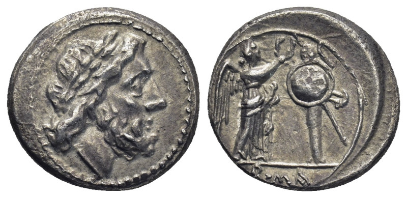 Anonymous. After 211 BC. AR Victoriatus Rome mint. 3 Gr 17mm.
Laureate head of J...