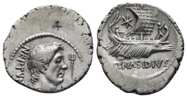 Sextus Pompeius and Q. Nasidius. Denarius, Sicily circa 42 to 38, AR (21mm, 3.52 g). NEPTVNI Head of Cn. Pompeius Magnus r.; below head, dolphin and i...