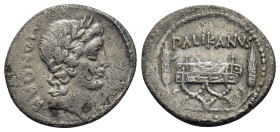 M. Lollius Palicanus, Rome, 45 BC; AR Denarius 3.63 Gr. 19mm.
 Head of Libertas right. 
Rev. Rostra, on which stands subsellium; above, PALIKANVS.