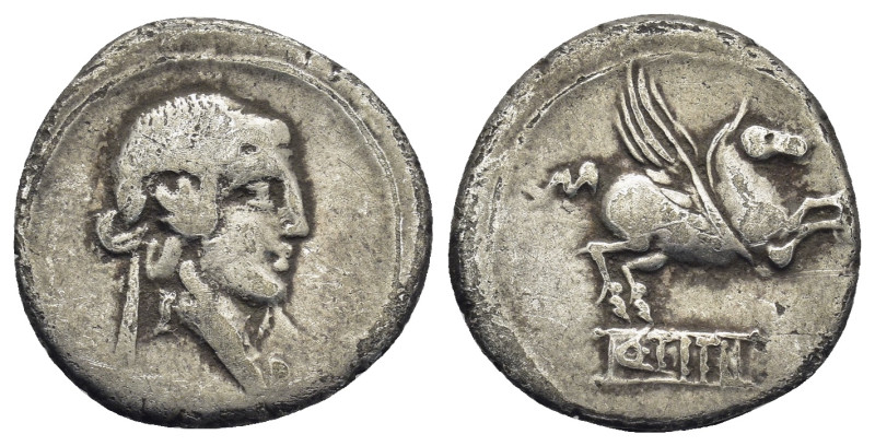 Q. Titius Rome, 90 BC. AR Denarius. 3.5 Gr. 18mm.
 Head of young Bacchus (or Lib...