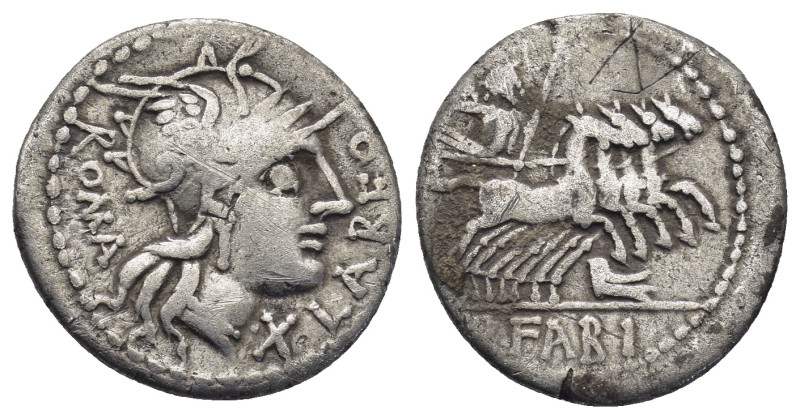 Q. Fabius Labeo AR Denarius. Rome, 124 BC. 3.68 Gr. 18mm.
 Helmeted head of Roma...