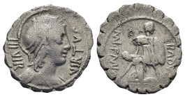 Mn. Aquillius. AR Denarius 65 BC. Rome. 3.7 Gr. 19mm.
Helmeted and draped bust of Virtus right. 
Rev.Consul Manius Aquillius standing facing, head to ...