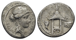 Q. Cassius Longinus, moneyer. AR Denarius Rome, 55 BC. 3.83 Gr. 19mm.
Head right of Libertas. 
Rev. Temple of Vesta, curule chair within; to left, vot...